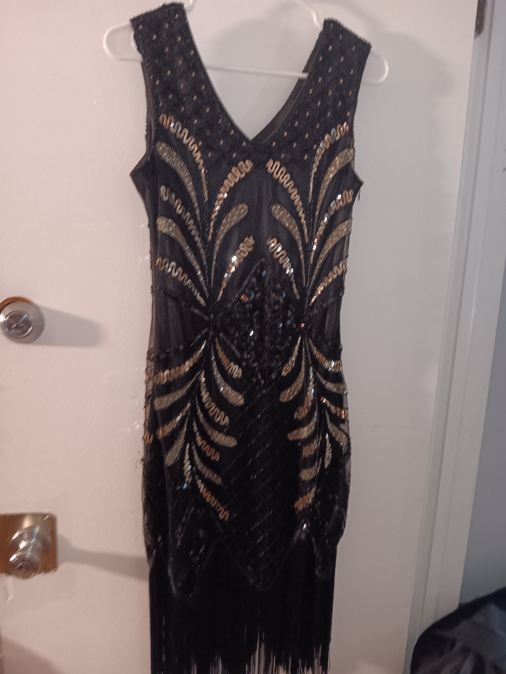 Black & Gold Sleeveless Sequin Fringe Evening Dress